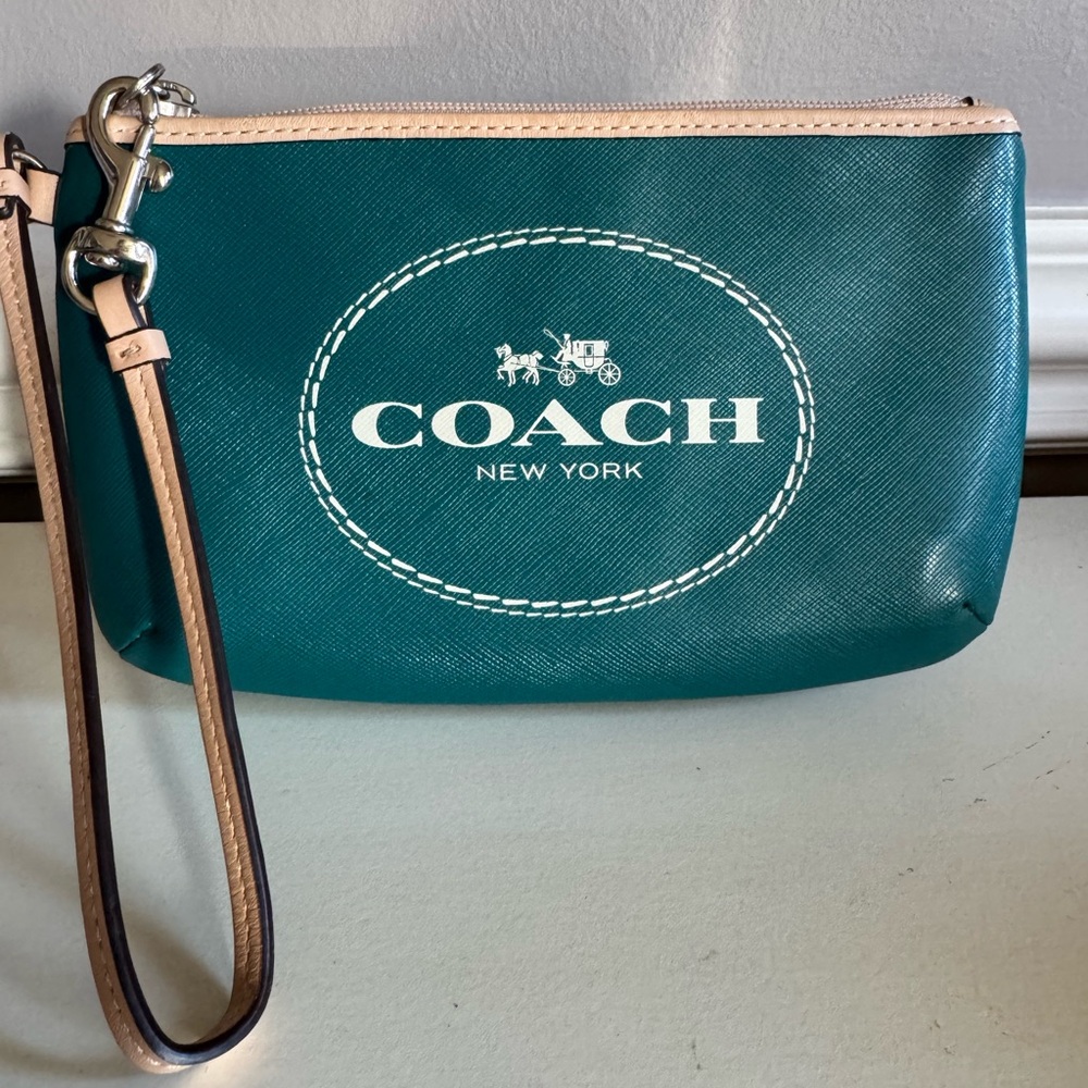 Coach Horse & Carriage Logo Wristlet in Teal & Tan
